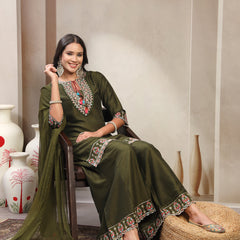 Women Green Embroidered Tie-Up Neck Kurta & Sharara & Dupatta Set