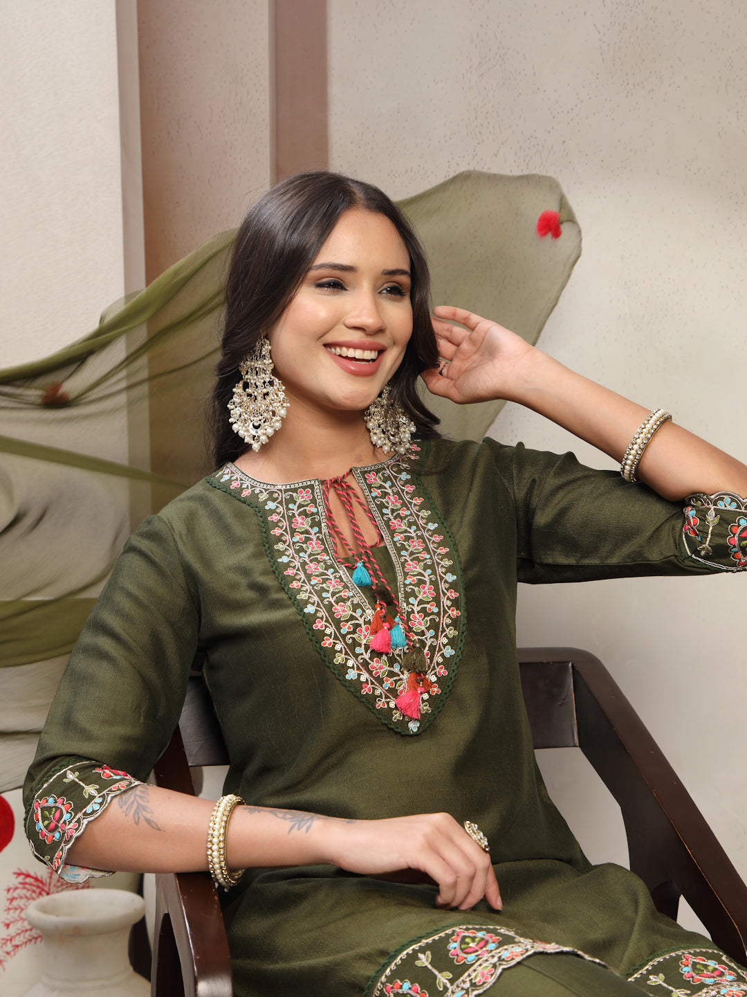 Women Green Embroidered Tie-Up Neck Kurta & Sharara & Dupatta Set