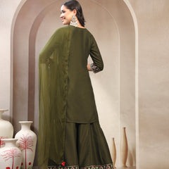 Women Green Embroidered Tie-Up Neck Kurta & Sharara & Dupatta Set