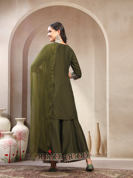 Women Green Embroidered Tie-Up Neck Kurta & Sharara & Dupatta Set
