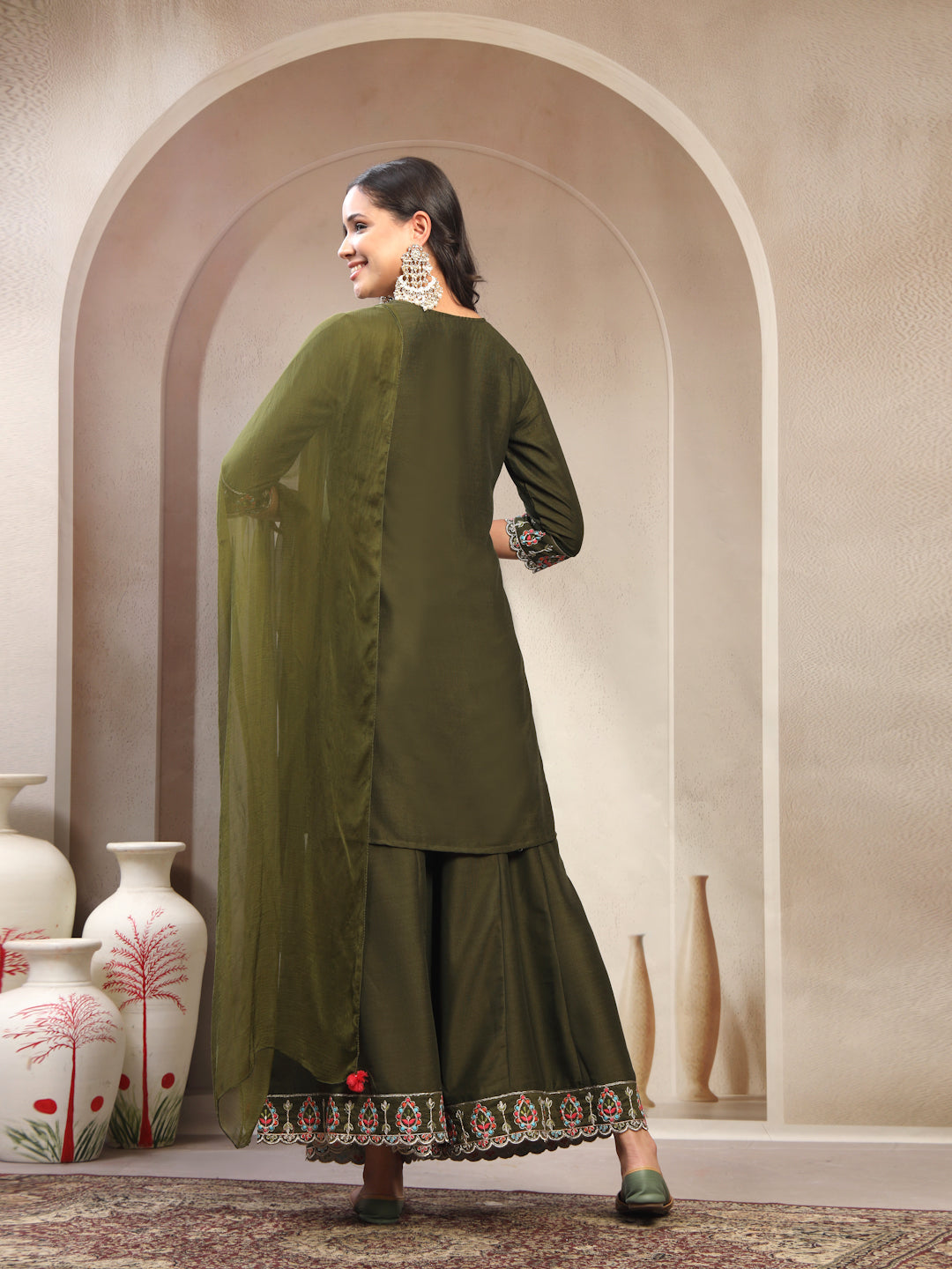 Women Green Embroidered Tie-Up Neck Kurta & Sharara & Dupatta Set