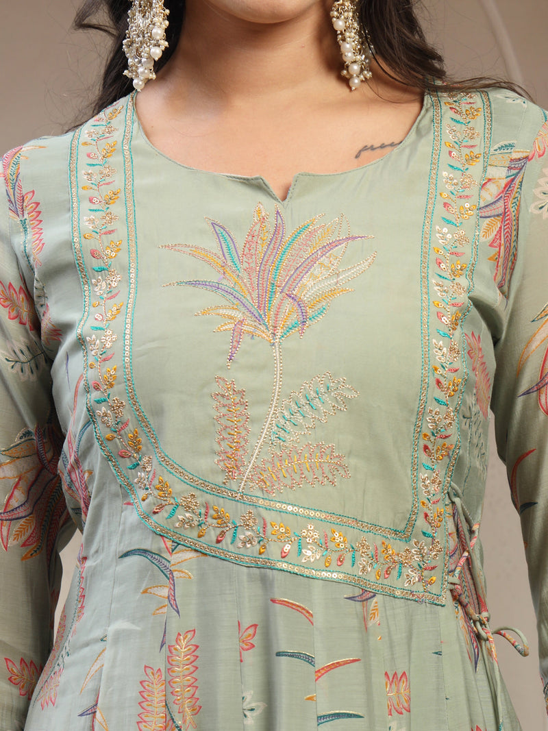 Women Olive Embroidered Kurta & Trousers with Dupatta Set