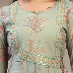 Women Olive Embroidered Kurta & Trousers with Dupatta Set