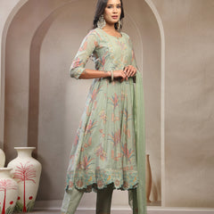 Women Olive Embroidered Kurta & Trousers with Dupatta Set