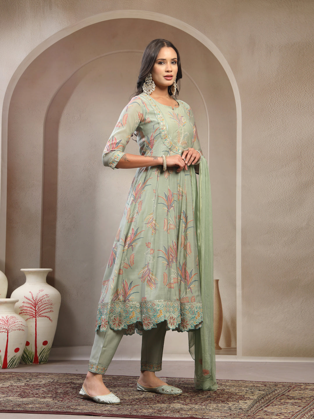 Women Olive Embroidered Kurta & Trousers with Dupatta Set
