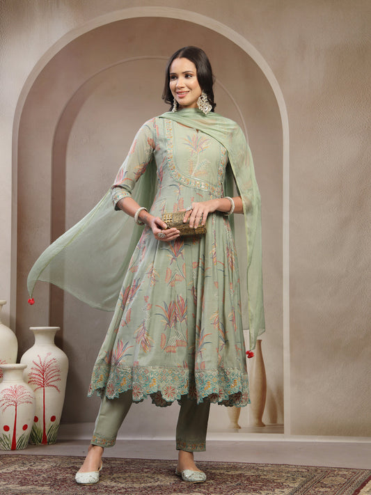 Women Olive Embroidered Kurta & Trousers with Dupatta Set