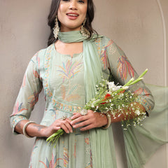 Women Olive Embroidered Kurta & Trousers with Dupatta Set