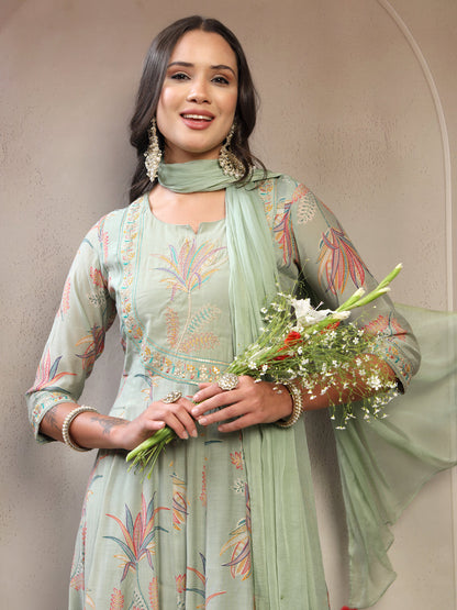 Women Olive Embroidered Kurta & Trousers with Dupatta Set