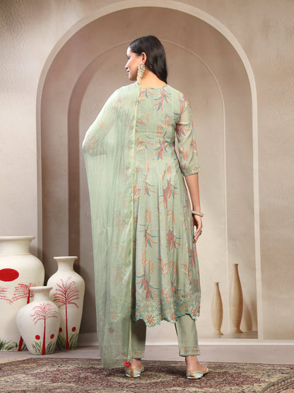 Women Olive Embroidered Kurta & Trousers with Dupatta Set