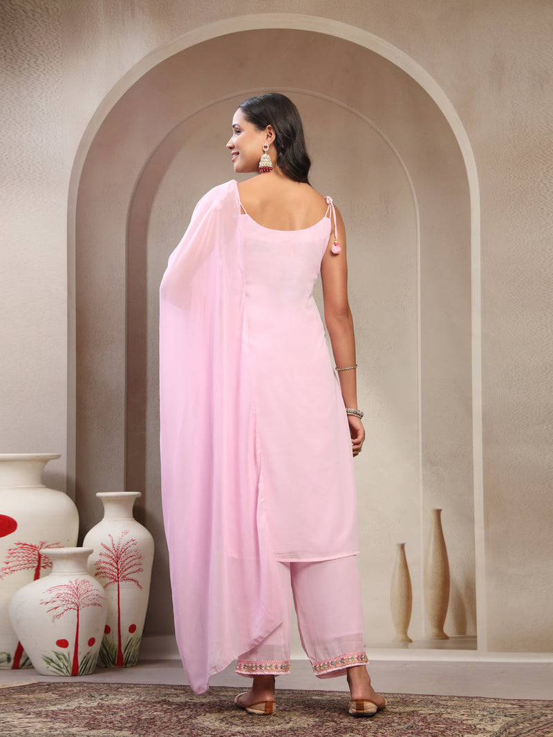 Women Pink Embroidered V-Neck Straight Kurta & Trousers With Dupatta