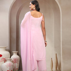 Women Pink Embroidered V-Neck Straight Kurta & Trousers With Dupatta