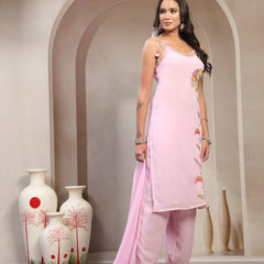 Women Pink Embroidered V-Neck Straight Kurta & Trousers With Dupatta