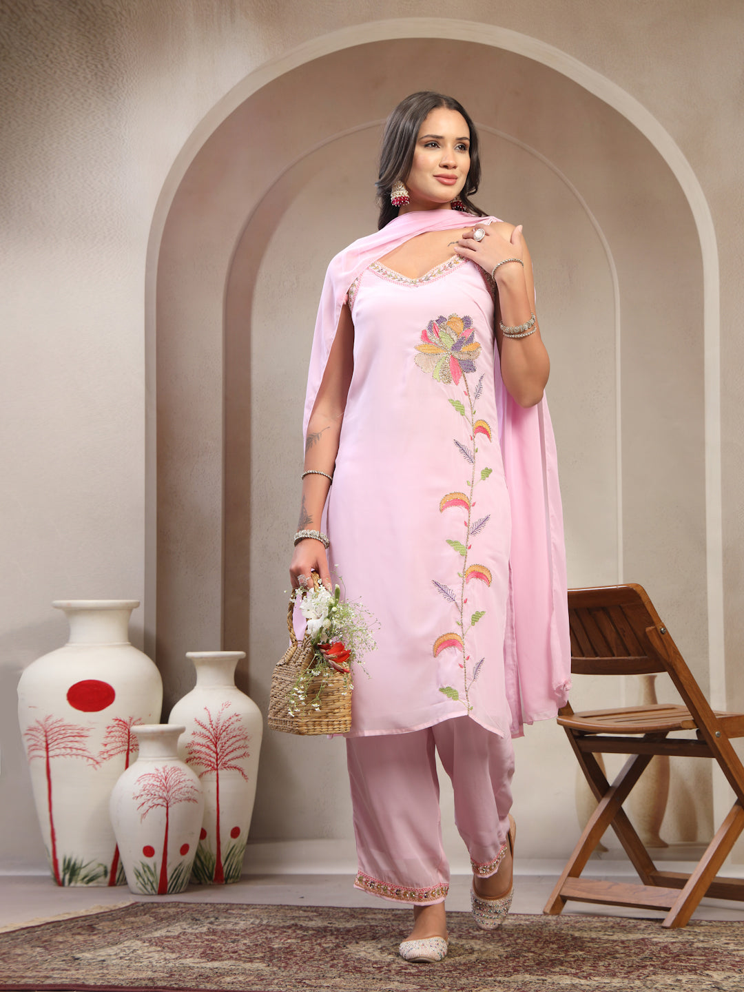 Women Pink Embroidered V-Neck Straight Kurta & Trousers With Dupatta
