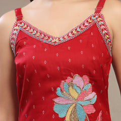 Women Red Embroidered V-Neck Straight Kurta & Trousers With Dupatta