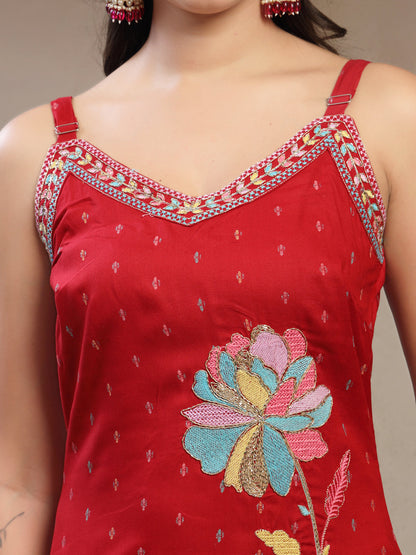 Women Red Embroidered V-Neck Straight Kurta & Trousers With Dupatta