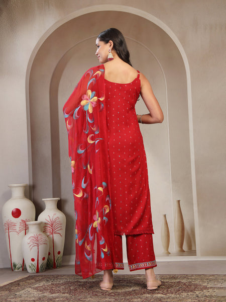 Women Red Embroidered V-Neck Straight Kurta & Trousers With Dupatta