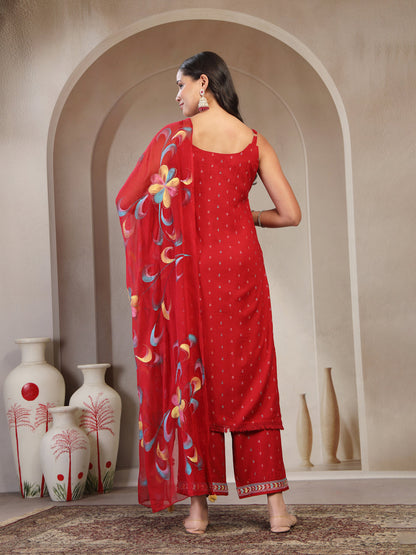 Women Red Embroidered V-Neck Straight Kurta & Trousers With Dupatta