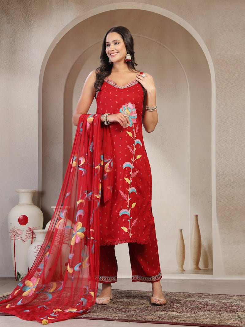 Women Red Embroidered V-Neck Straight Kurta & Trousers With Dupatta