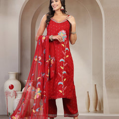Women Red Embroidered V-Neck Straight Kurta & Trousers With Dupatta