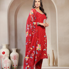Women Red Embroidered V-Neck Straight Kurta & Trousers With Dupatta