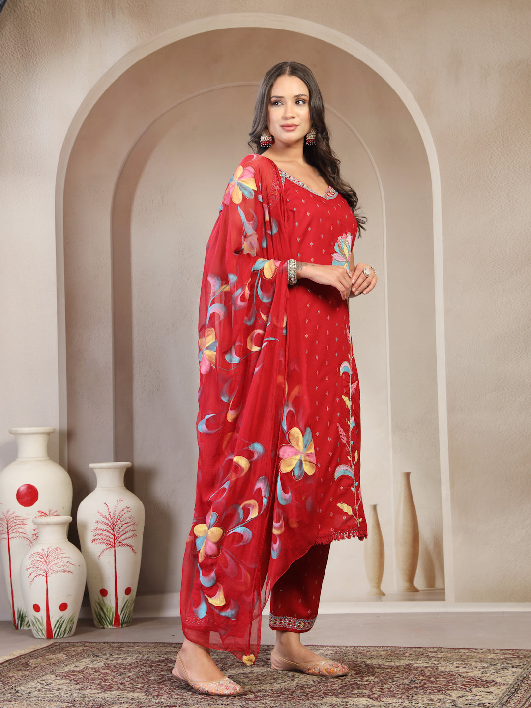 Women Red Embroidered V-Neck Straight Kurta & Trousers With Dupatta