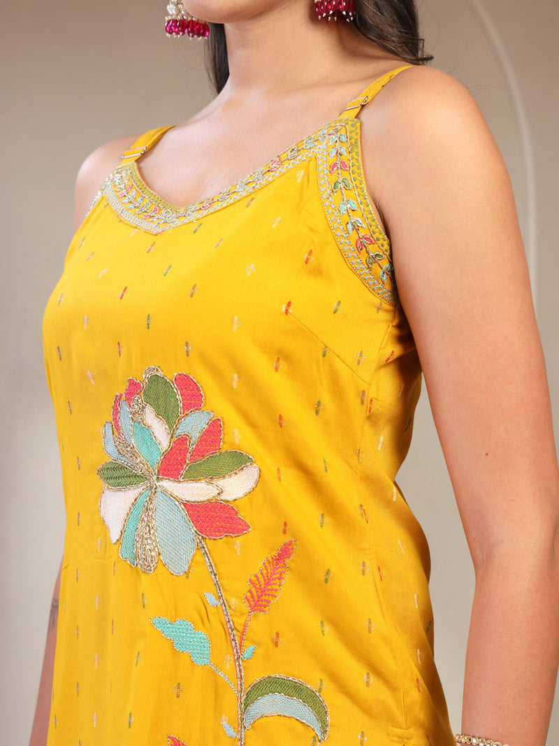 Women Yellow Embroidered V-Neck Straight Kurta & Trousers With Dupatta