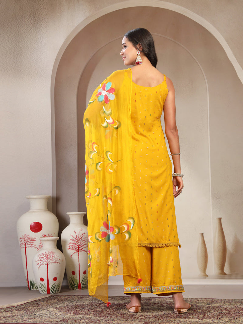 Women Yellow Embroidered V-Neck Straight Kurta & Trousers With Dupatta