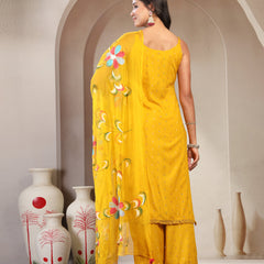 Women Yellow Embroidered V-Neck Straight Kurta & Trousers With Dupatta