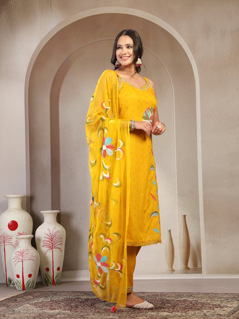 Women Yellow Embroidered V-Neck Straight Kurta & Trousers With Dupatta