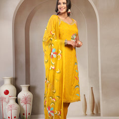 Women Yellow Embroidered V-Neck Straight Kurta & Trousers With Dupatta