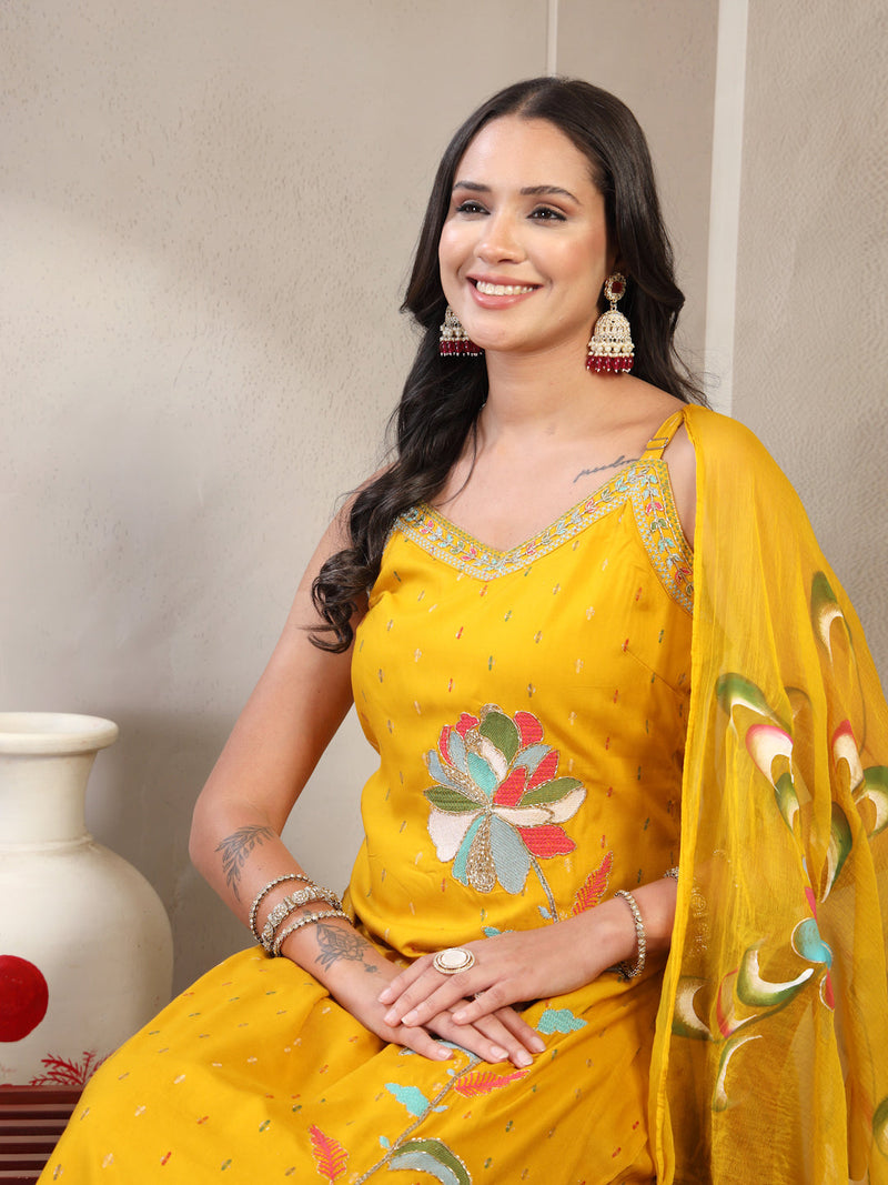 Women Yellow Embroidered V-Neck Straight Kurta & Trousers With Dupatta
