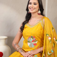 Women Yellow Embroidered V-Neck Straight Kurta & Trousers With Dupatta