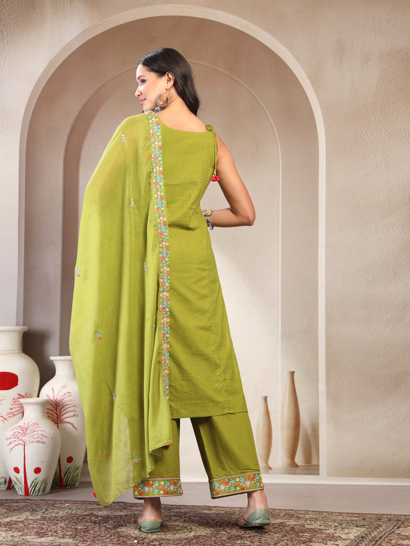 Women Green Embroidered Pure Cotton Round Neck Kurta & Trousers With Dupatta