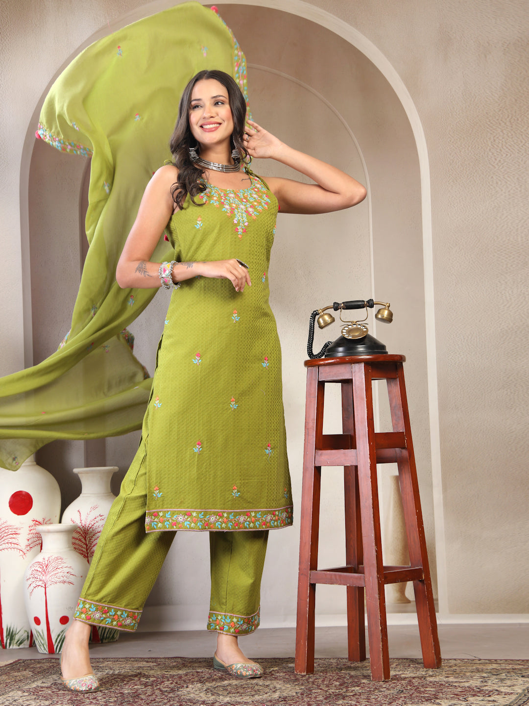 Women Green Embroidered Pure Cotton Round Neck Kurta & Trousers With Dupatta