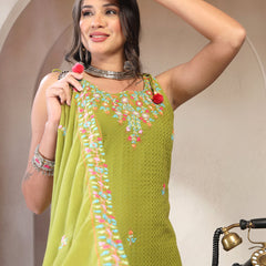 Women Green Embroidered Pure Cotton Round Neck Kurta & Trousers With Dupatta