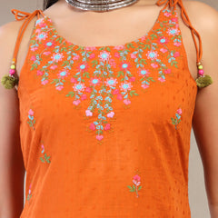 Women Rust Embroidered Pure Cotton Round Neck Straight Kurta & Trousers With Dupatta