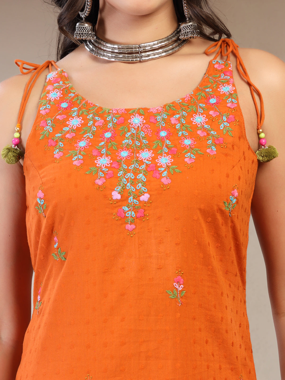 Women Rust Embroidered Pure Cotton Round Neck Straight Kurta & Trousers With Dupatta