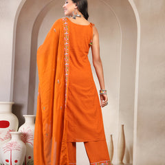 Women Rust Embroidered Pure Cotton Round Neck Straight Kurta & Trousers With Dupatta