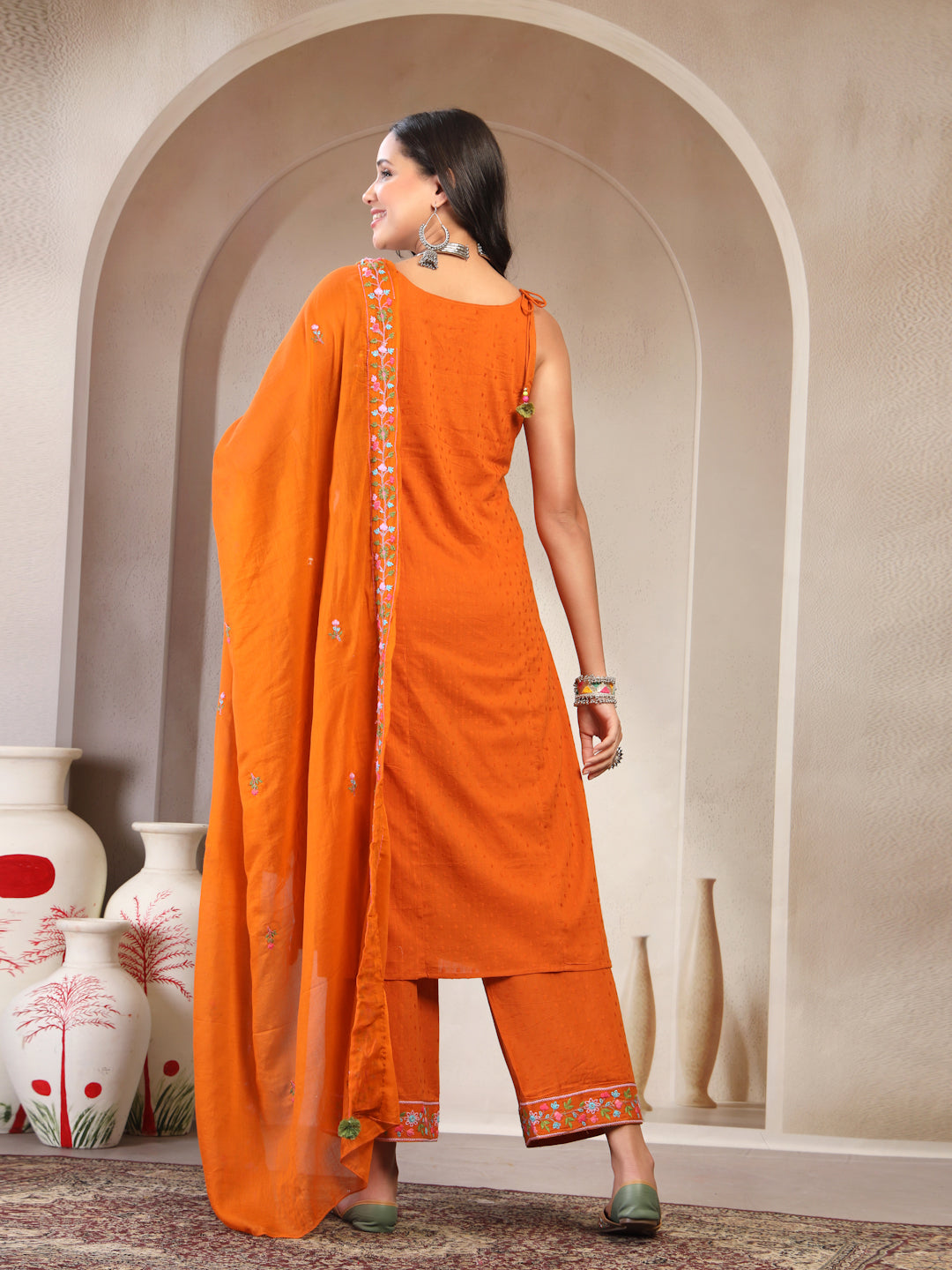 Women Rust Embroidered Pure Cotton Round Neck Straight Kurta & Trousers With Dupatta