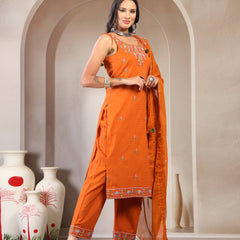 Women Rust Embroidered Pure Cotton Round Neck Straight Kurta & Trousers With Dupatta