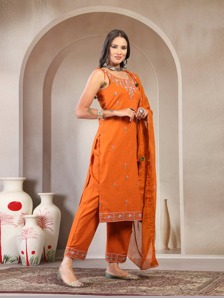 Women Rust Embroidered Pure Cotton Round Neck Straight Kurta & Trousers With Dupatta
