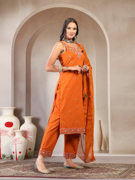 Women Rust Embroidered Pure Cotton Round Neck Straight Kurta & Trousers With Dupatta