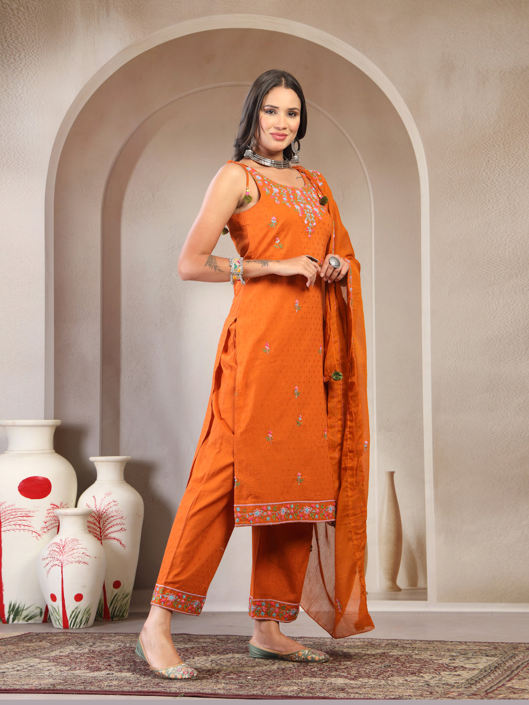 Women Rust Embroidered Pure Cotton Round Neck Straight Kurta & Trousers With Dupatta