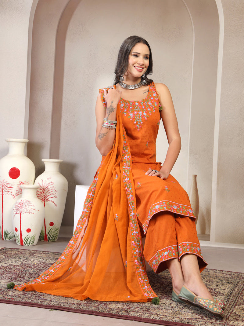 Women Rust Embroidered Pure Cotton Round Neck Straight Kurta & Trousers With Dupatta