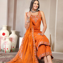 Women Rust Embroidered Pure Cotton Round Neck Straight Kurta & Trousers With Dupatta