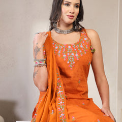 Women Rust Embroidered Pure Cotton Round Neck Straight Kurta & Trousers With Dupatta