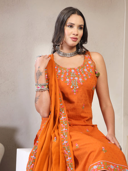 Women Rust Embroidered Pure Cotton Round Neck Straight Kurta & Trousers With Dupatta