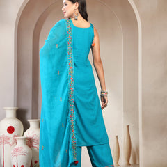 Women Turquiose Blue Embroidered Pure Cotton Round Neck Straight Kurta & Trousers With Dupatta