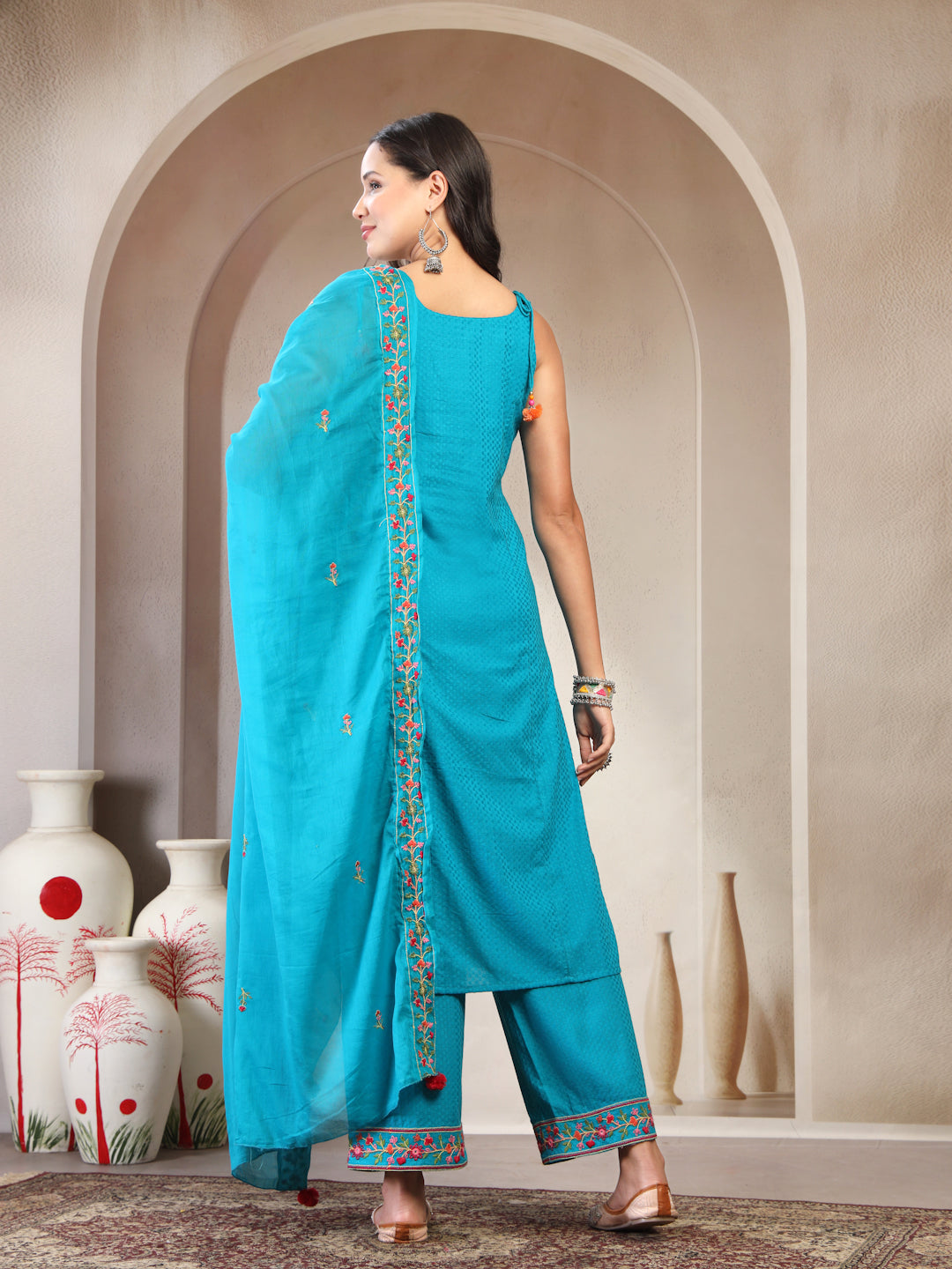 Women Turquiose Blue Embroidered Pure Cotton Round Neck Straight Kurta & Trousers With Dupatta