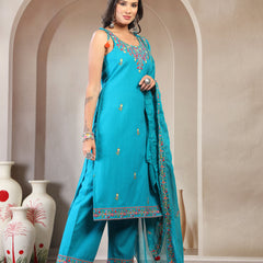 Women Turquiose Blue Embroidered Pure Cotton Round Neck Straight Kurta & Trousers With Dupatta